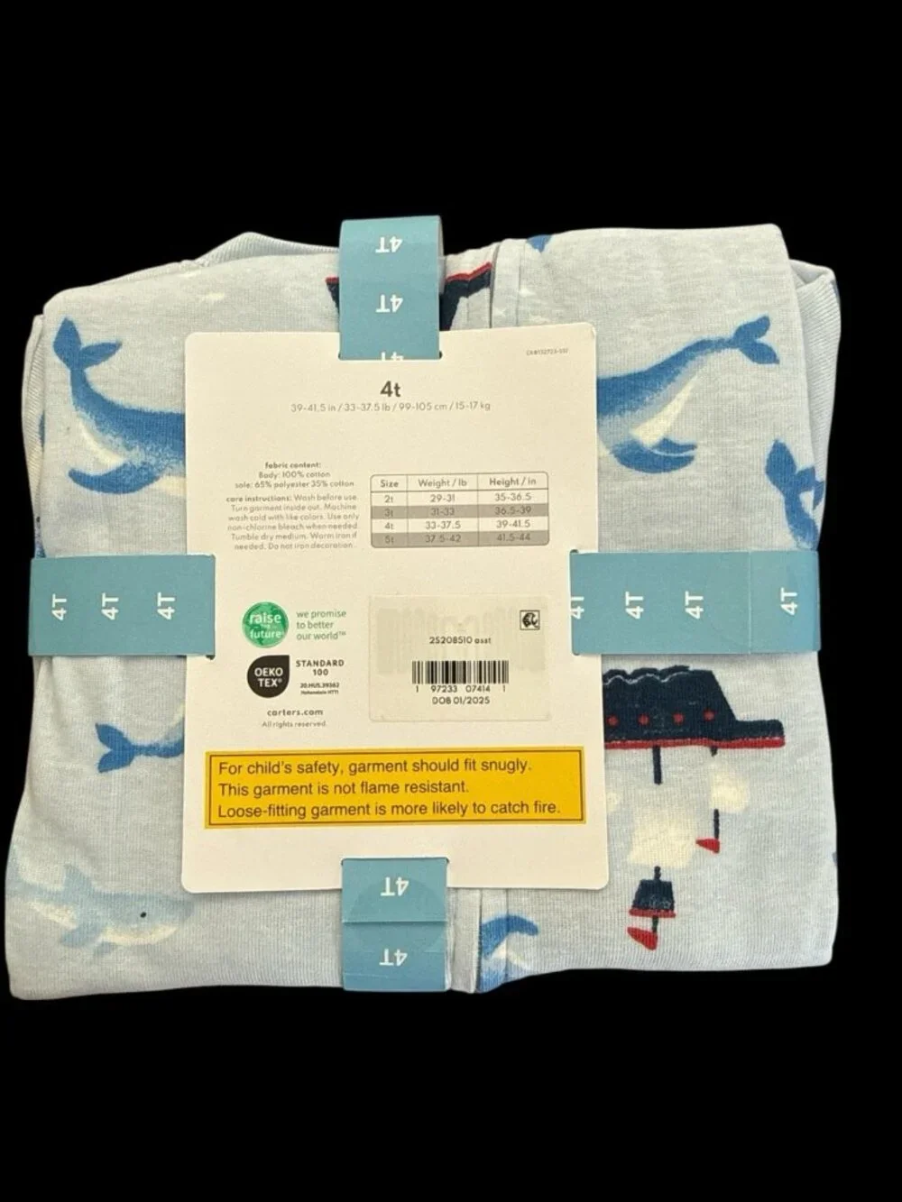 Carter's Cotton Footie Pajamas-Whales And Ships-Light Blue/Multicolor-Size 4T